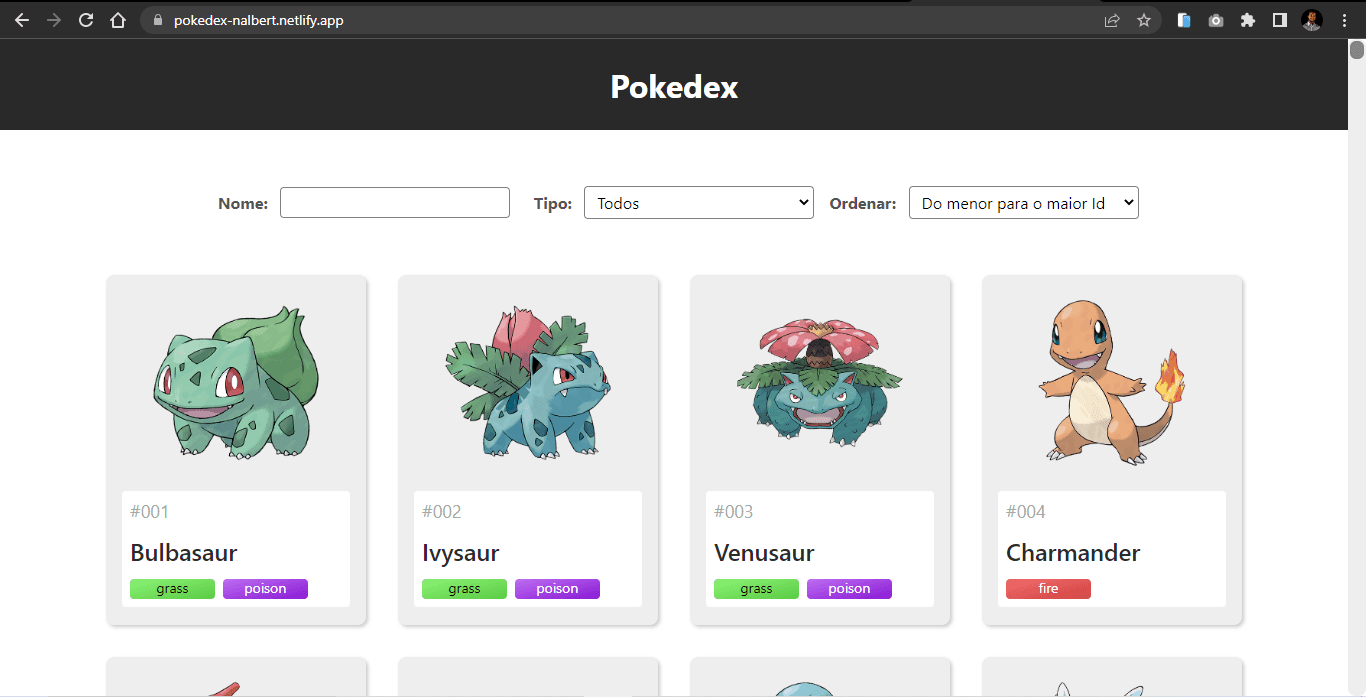 Página inicial da aplicação Pokedex.